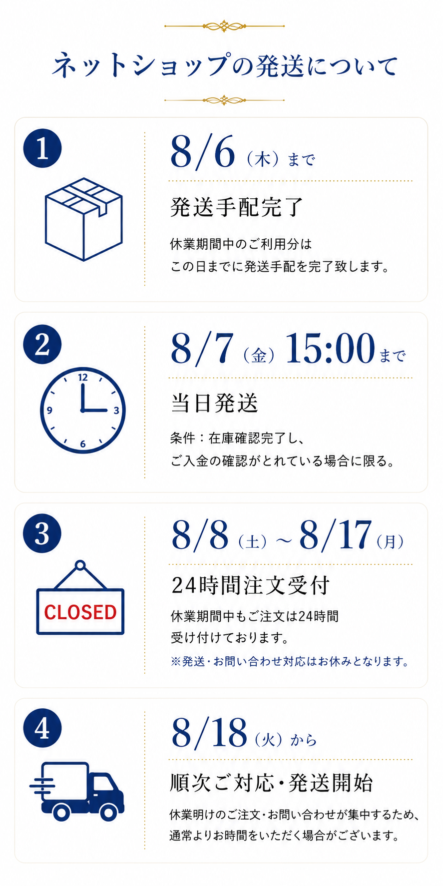 ネットショップの発送について 8/6（木）まで発送手配完了／8/7（金）15:00まで当日発送／8/8（土）〜8/17（月）24時間注文受付／8/18（火）から順次発送開始