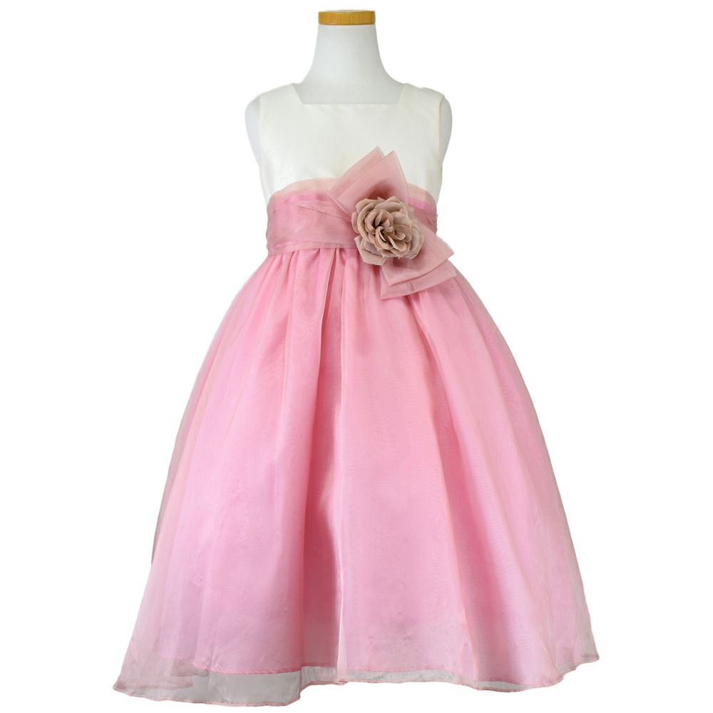 ピアノ発表会や結婚式にぴったりのカラーの女の子用キッズドレス。シンプルで美しいシルエットが魅力のAngel's Closetの子供ドレス レンタル商品（【レンタル】デュピオーニオーガンジー2トーンスクエアネック子供ドレス（CDC1225）ローズ）｜画像2