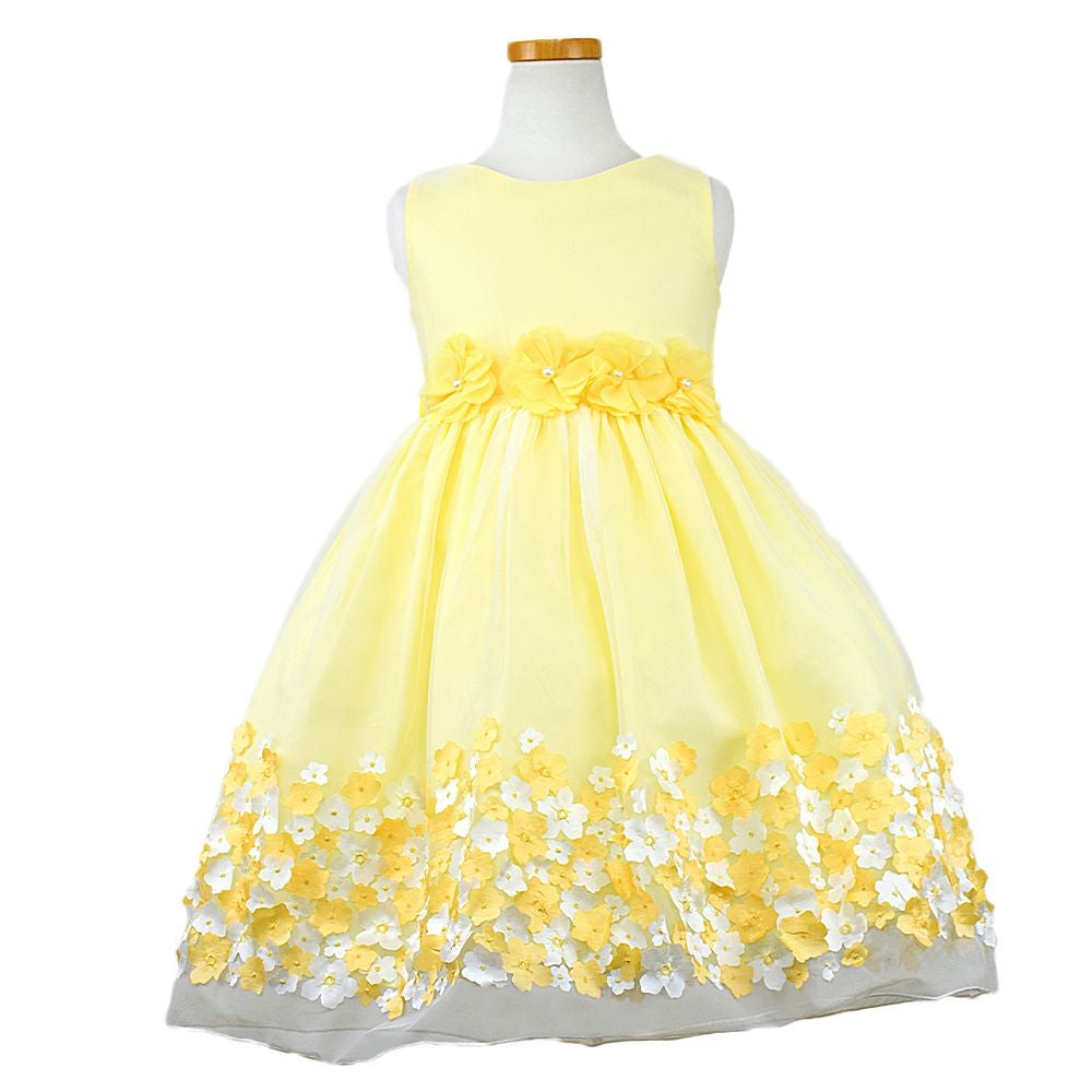 ピアノ発表会や結婚式にぴったりのカラーの女の子用キッズドレス。シンプルで美しいシルエットが魅力のAngel's Closetの子供ドレス レンタル商品（【レンタル】フラワーモチーフスカートメッシュ子供ドレス(KD332)イエロー）｜画像2