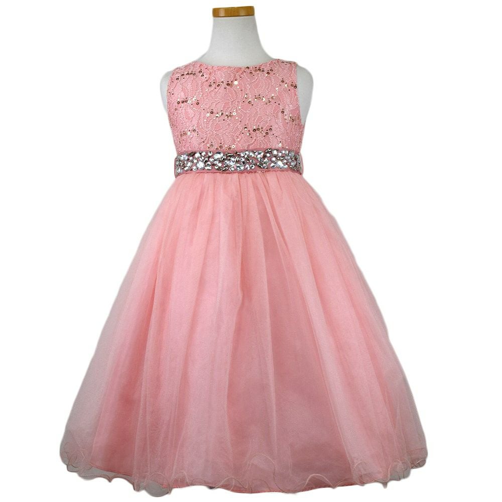 ピアノ発表会や結婚式にぴったりのカラーの女の子用キッズドレス。シンプルで美しいシルエットが魅力のAngel's Closetの子供ドレス レンタル商品（【レンタル】レース＆ラインストーンビジューベルトクリスタルチュール子供ドレス(MBK340)ブラッシュ）｜画像2