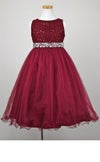 ピアノ発表会や結婚式にぴったりのカラーの女の子用キッズドレス。シンプルで美しいシルエットが魅力のAngel's Closetの子供ドレス レンタル商品（【レンタル】レース＆ラインストーンビジューベルトクリスタルチュール子供ドレス(MBK340)バーガンディー）｜画像3