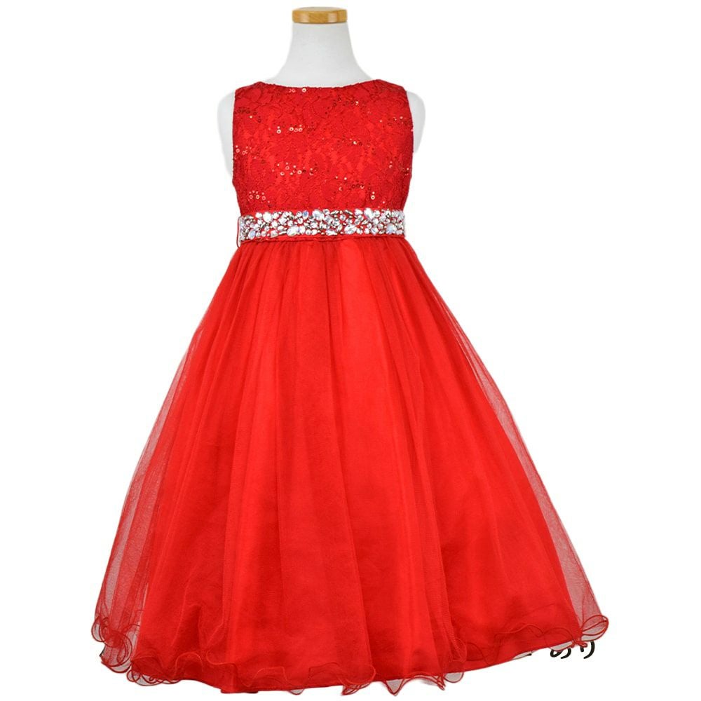 ピアノ発表会や結婚式にぴったりのカラーの女の子用キッズドレス。シンプルで美しいシルエットが魅力のAngel's Closetの子供ドレス レンタル商品（【レンタル】レース＆ラインストーンビジューベルトクリスタルチュール子供ドレス(MBK340)レッド）｜画像2