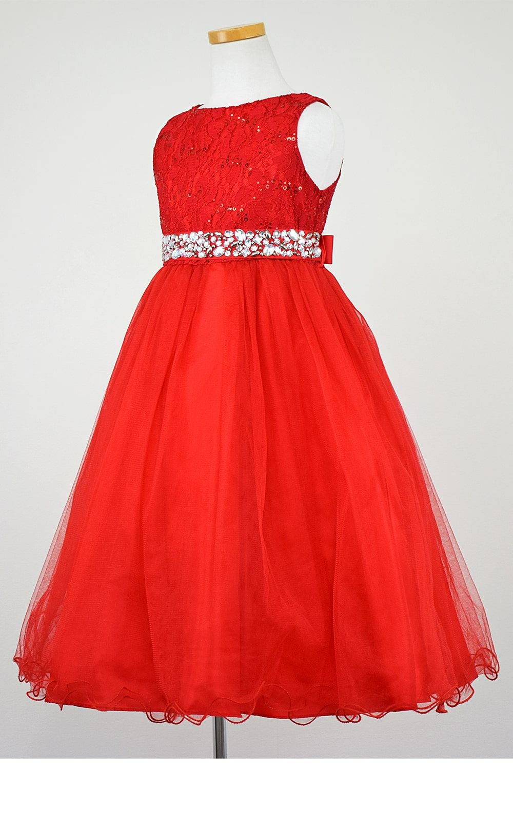 ピアノ発表会や結婚式にぴったりのカラーの女の子用キッズドレス。シンプルで美しいシルエットが魅力のAngel's Closetの子供ドレス レンタル商品（【レンタル】レース＆ラインストーンビジューベルトクリスタルチュール子供ドレス(MBK340)レッド）｜画像4