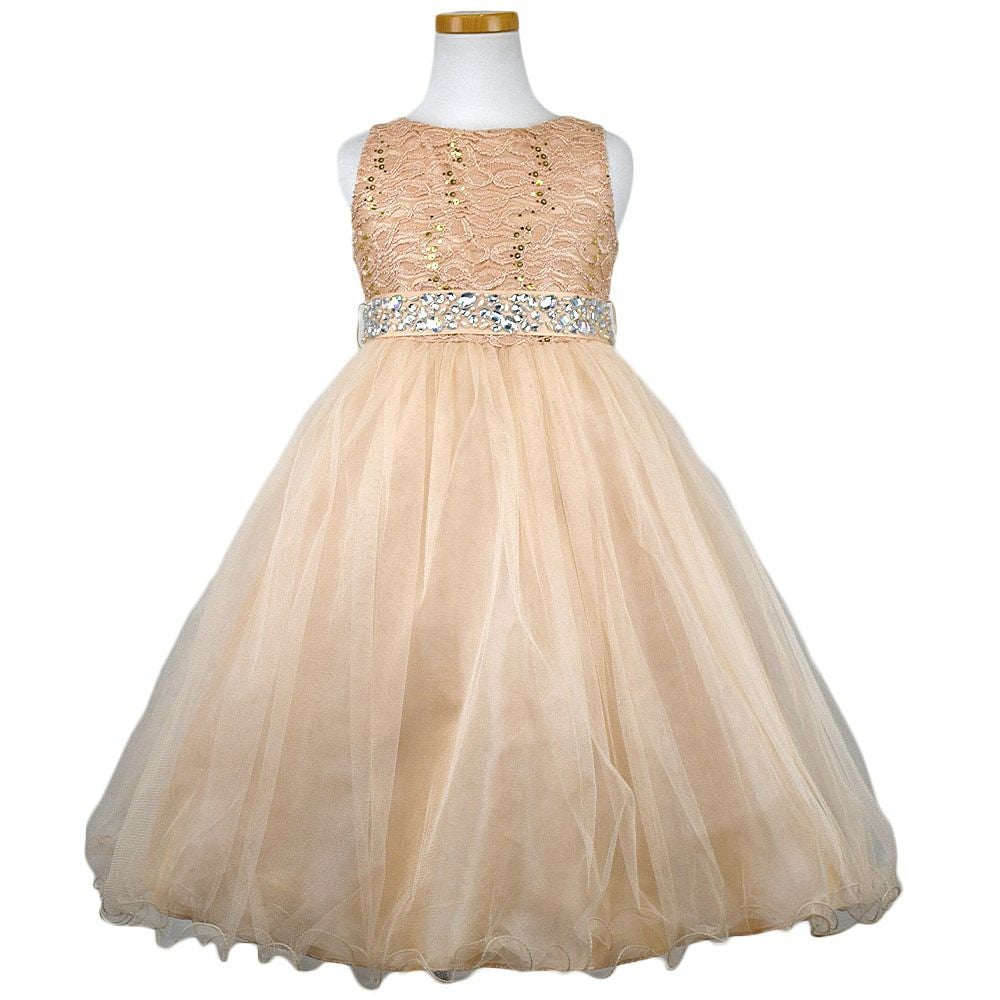 ピアノ発表会や結婚式にぴったりのカラーの女の子用キッズドレス。シンプルで美しいシルエットが魅力のAngel's Closetの子供ドレス レンタル商品（【レンタル】レース＆ラインストーンビジューベルトクリスタルチュール子供ドレス(MBK340)シャンパン）｜画像2