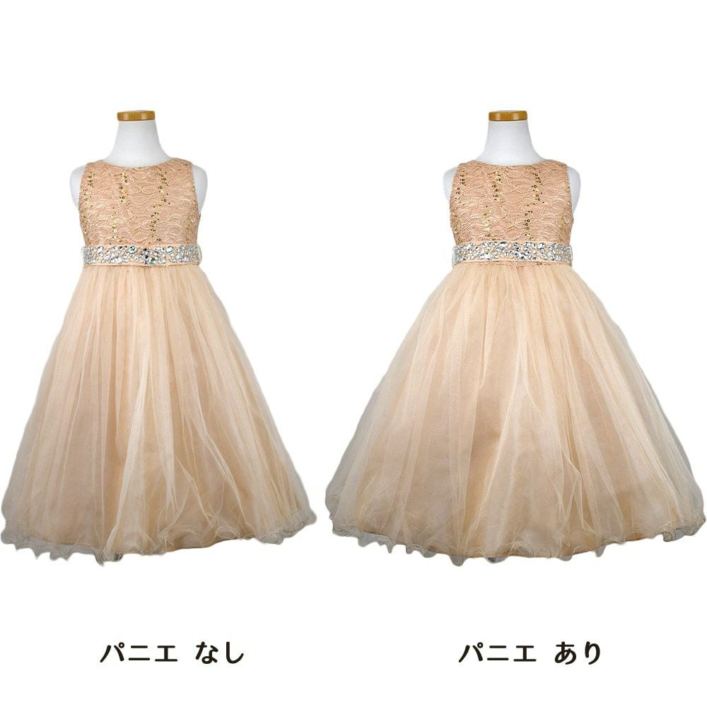 ピアノ発表会や結婚式にぴったりのカラーの女の子用キッズドレス。シンプルで美しいシルエットが魅力のAngel's Closetの子供ドレス レンタル商品（【レンタル】レース＆ラインストーンビジューベルトクリスタルチュール子供ドレス(MBK340)シャンパン）｜画像7