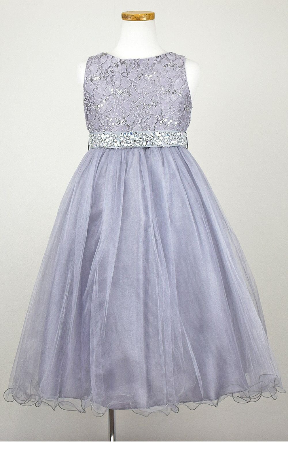 ピアノ発表会や結婚式にぴったりのカラーの女の子用キッズドレス。シンプルで美しいシルエットが魅力のAngel's Closetの子供ドレス レンタル商品（【レンタル】レース＆ラインストーンビジューベルトクリスタルチュール子供ドレス(MBK340)シルバー）｜画像3