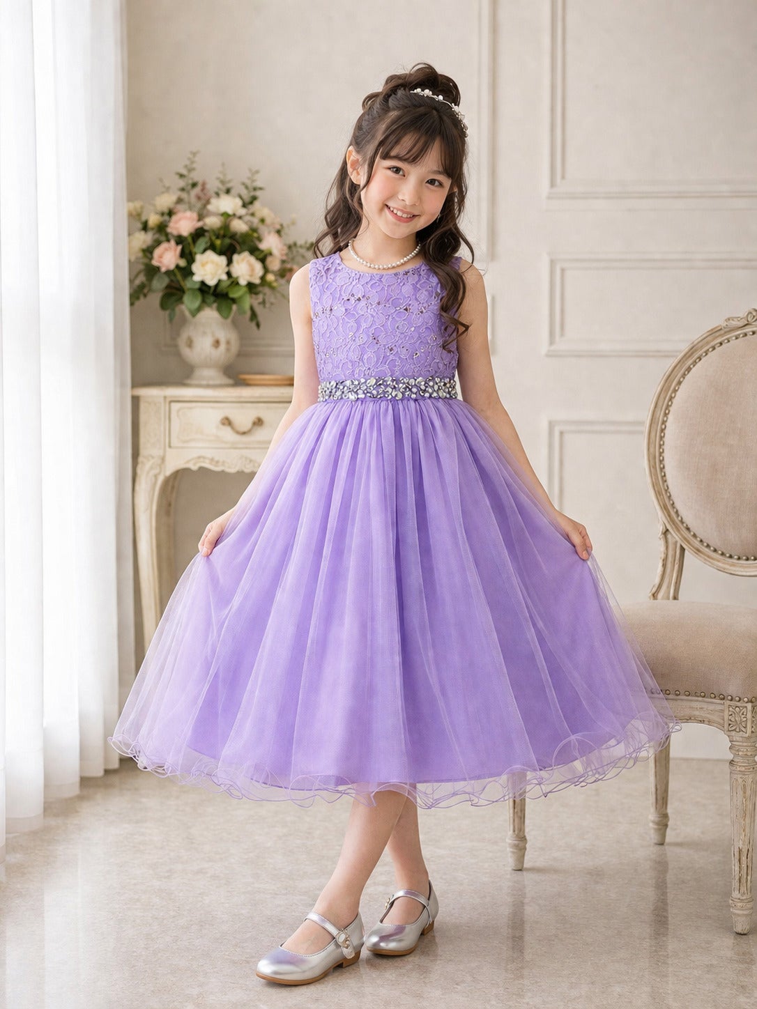 ピアノ発表会ドレス人気1位 子供ドレス レース＆ラインストーンチュールドレス MBK340 ライラック | Angel's Closet