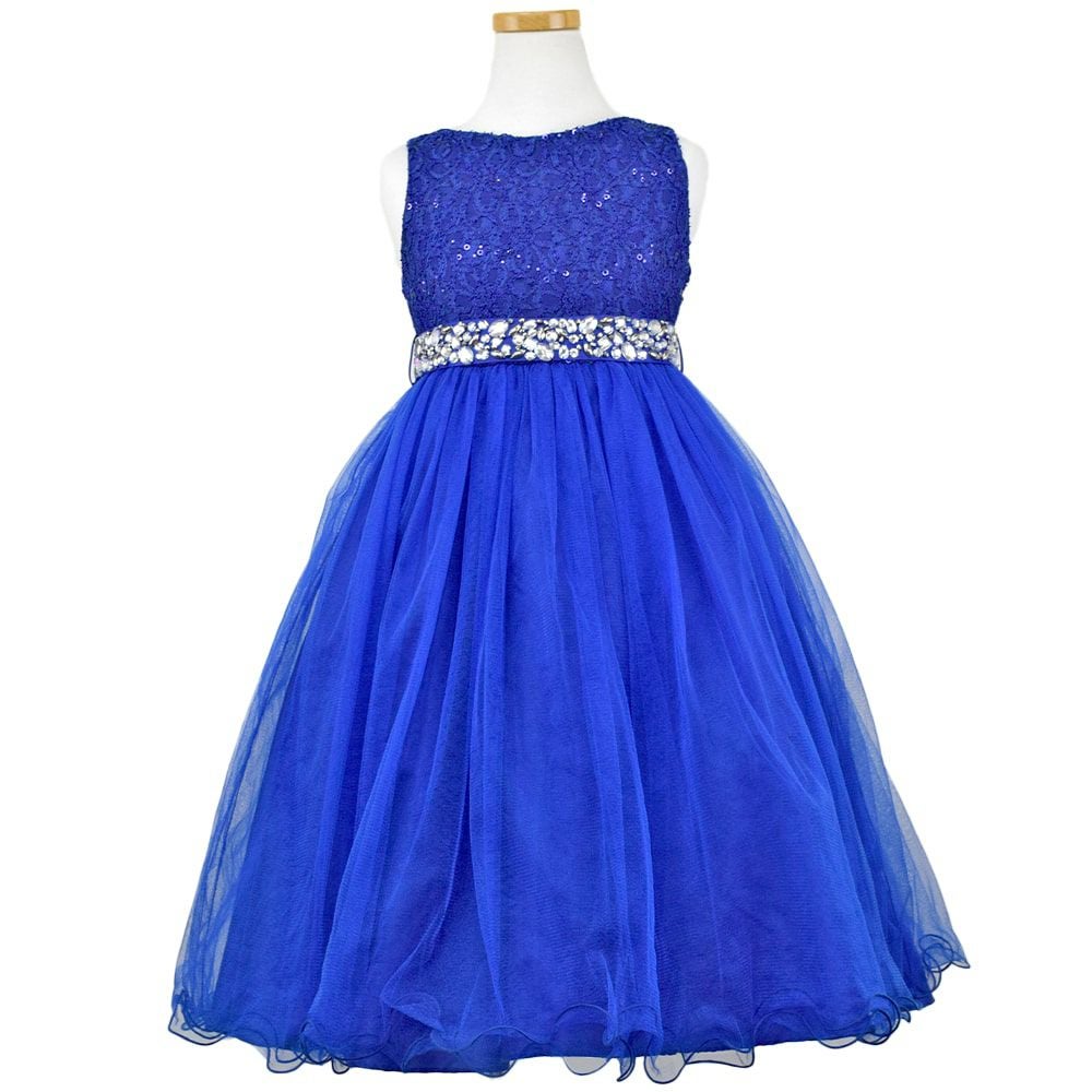 ピアノ発表会や結婚式にぴったりのブルーカラーの女の子用キッズドレス。シンプルで美しいシルエットが魅力のAngel's Closetの子供ドレス レンタル商品（【レンタル】レース＆ラインストーンビジューベルトクリスタルチュール子供ドレス(MBK340)ロイヤルブルー）｜画像2