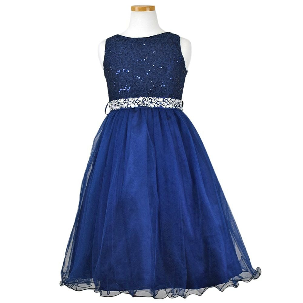 ピアノ発表会や結婚式にぴったりのネイビーカラーの女の子用キッズドレス。シンプルで美しいシルエットが魅力のAngel's Closetの子供ドレス レンタル商品（【レンタル】レース＆ラインストーンビジューベルトクリスタルチュール子供ドレス(MBK340)ネイビー）｜画像2