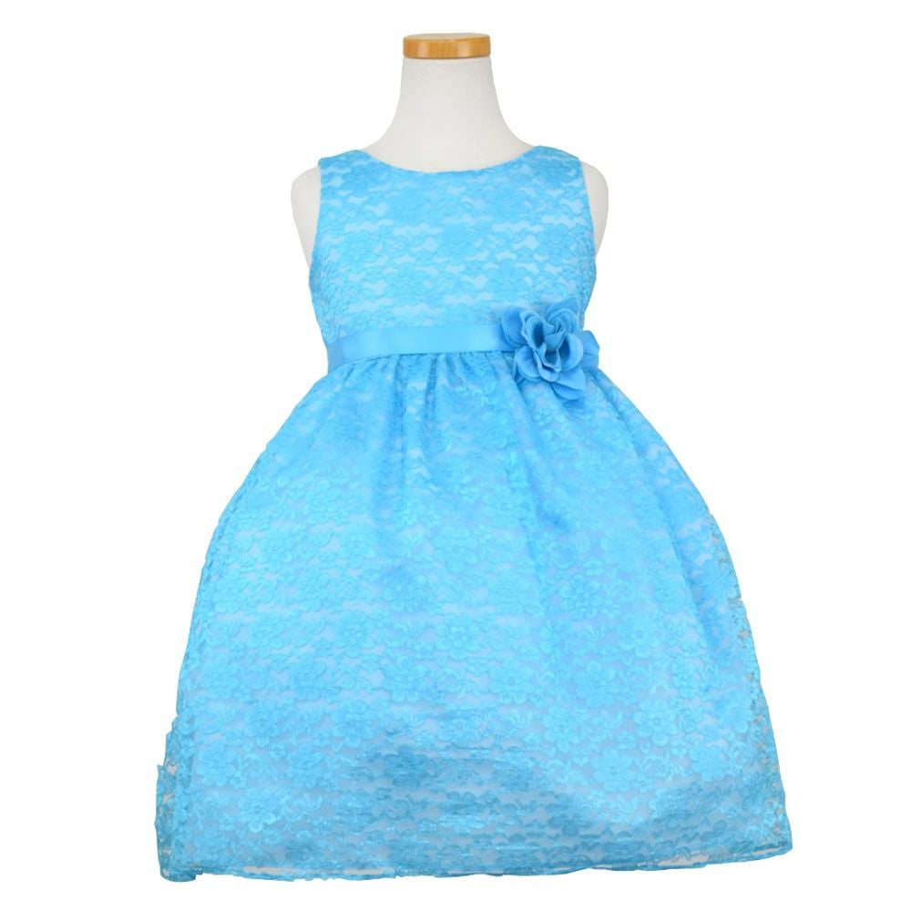 ピアノ発表会や結婚式にぴったりのカラーの女の子用キッズドレス。シンプルで美しいシルエットが魅力のAngel's Closetの子供ドレス レンタル商品（【レンタル】フラワーレースサテンリボン子供ドレス(CCD749)ターコイズ）｜画像2