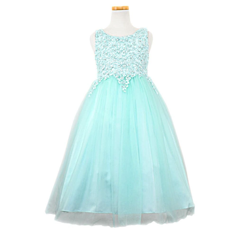 ピアノ発表会や結婚式にぴったりのカラーの女の子用キッズドレス。シンプルで美しいシルエットが魅力のAngel's Closetの子供ドレス レンタル商品（【レンタル】パールスパンコールスーパーエレガントチュール子供ドレス(cdc5008)ミント）｜画像2