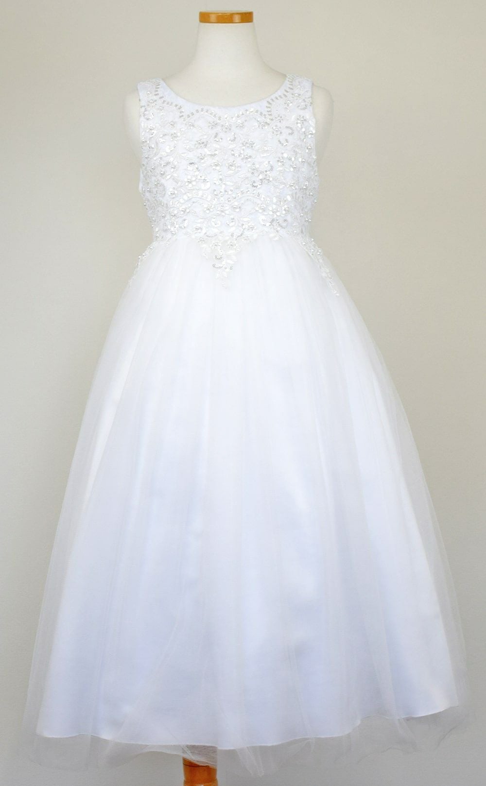 ピアノ発表会や結婚式にぴったりのホワイトカラーの女の子用キッズドレス。シンプルで美しいシルエットが魅力のAngel's Closetの子供ドレス レンタル商品（【レンタル】パールスパンコールスーパーエレガントチュール子供ドレス(cdc5008)ホワイト）｜画像3