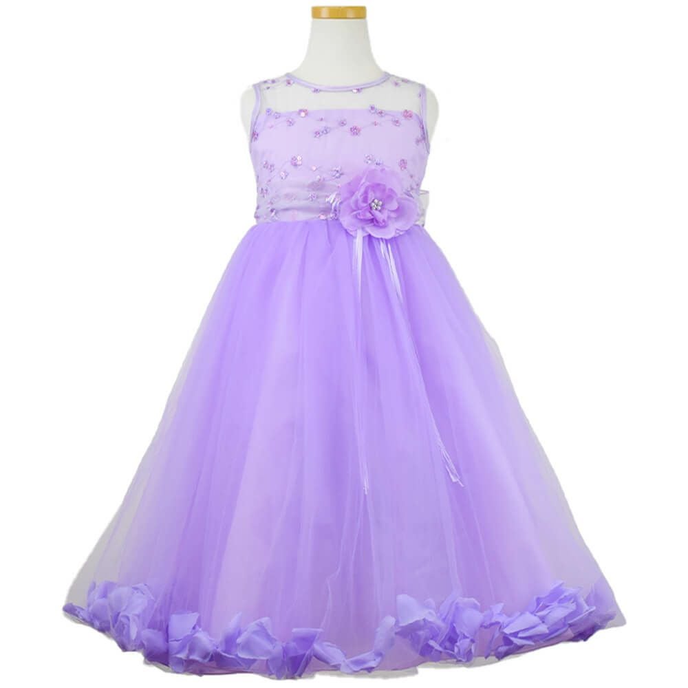 ピアノ発表会や結婚式にぴったりのライラックカラーの女の子用キッズドレス。シンプルで美しいシルエットが魅力のAngel's Closetの子供ドレス レンタル商品（【レンタル】フラワーペタルプリンセス子供ドレス(JK2925)ライラック）｜画像2