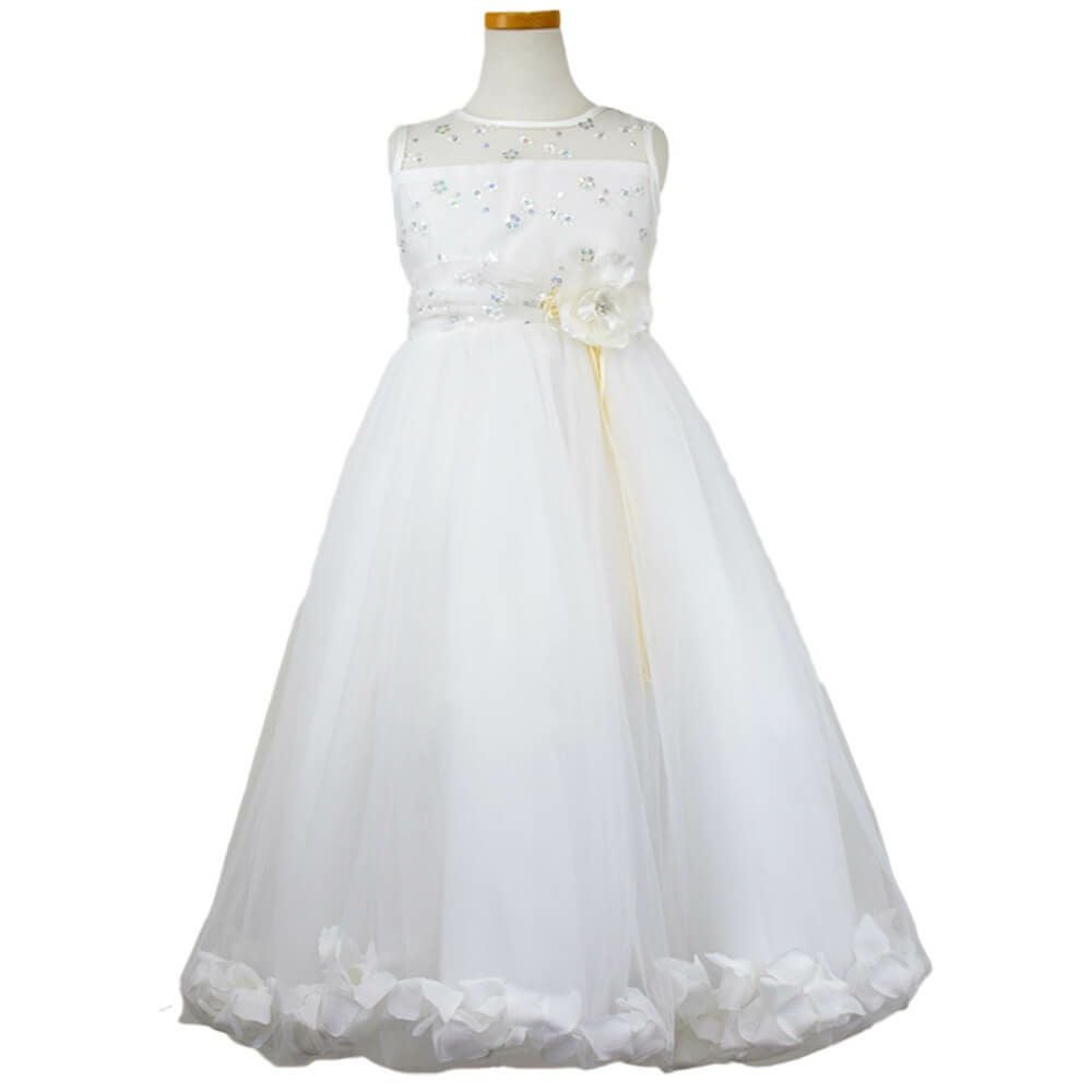 ピアノ発表会や結婚式にぴったりのホワイトカラーの女の子用キッズドレス。シンプルで美しいシルエットが魅力のAngel's Closetの子供ドレス レンタル商品（【レンタル】フラワーペタルプリンセス子供ドレス(JK2925)オフホワイト）｜画像2