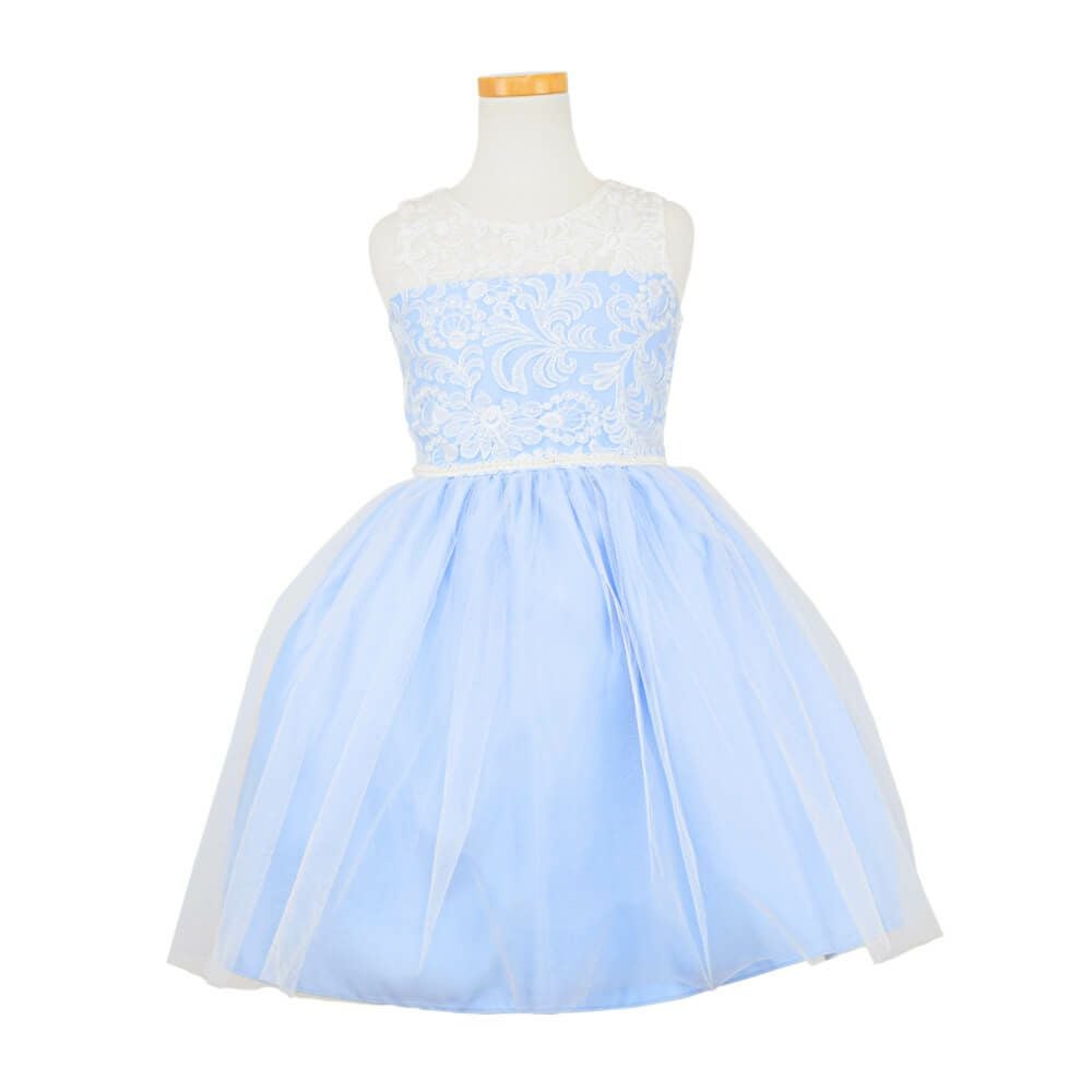 ピアノ発表会や結婚式にぴったりのブルーカラーの女の子用キッズドレス。シンプルで美しいシルエットが魅力のAngel's Closetの子供ドレス レンタル商品（【レンタル】エレガント刺繍メッシュ＆パールトリム子供ドレス(SK740)ブルー）｜画像2