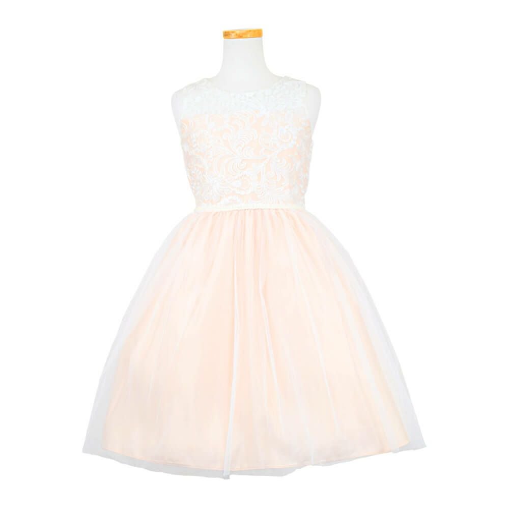 ピアノ発表会や結婚式にぴったりのカラーの女の子用キッズドレス。シンプルで美しいシルエットが魅力のAngel's Closetの子供ドレス レンタル商品（【レンタル】エレガント刺繍メッシュ＆パールトリム子供ドレス(SK740)シャンパン）｜画像2