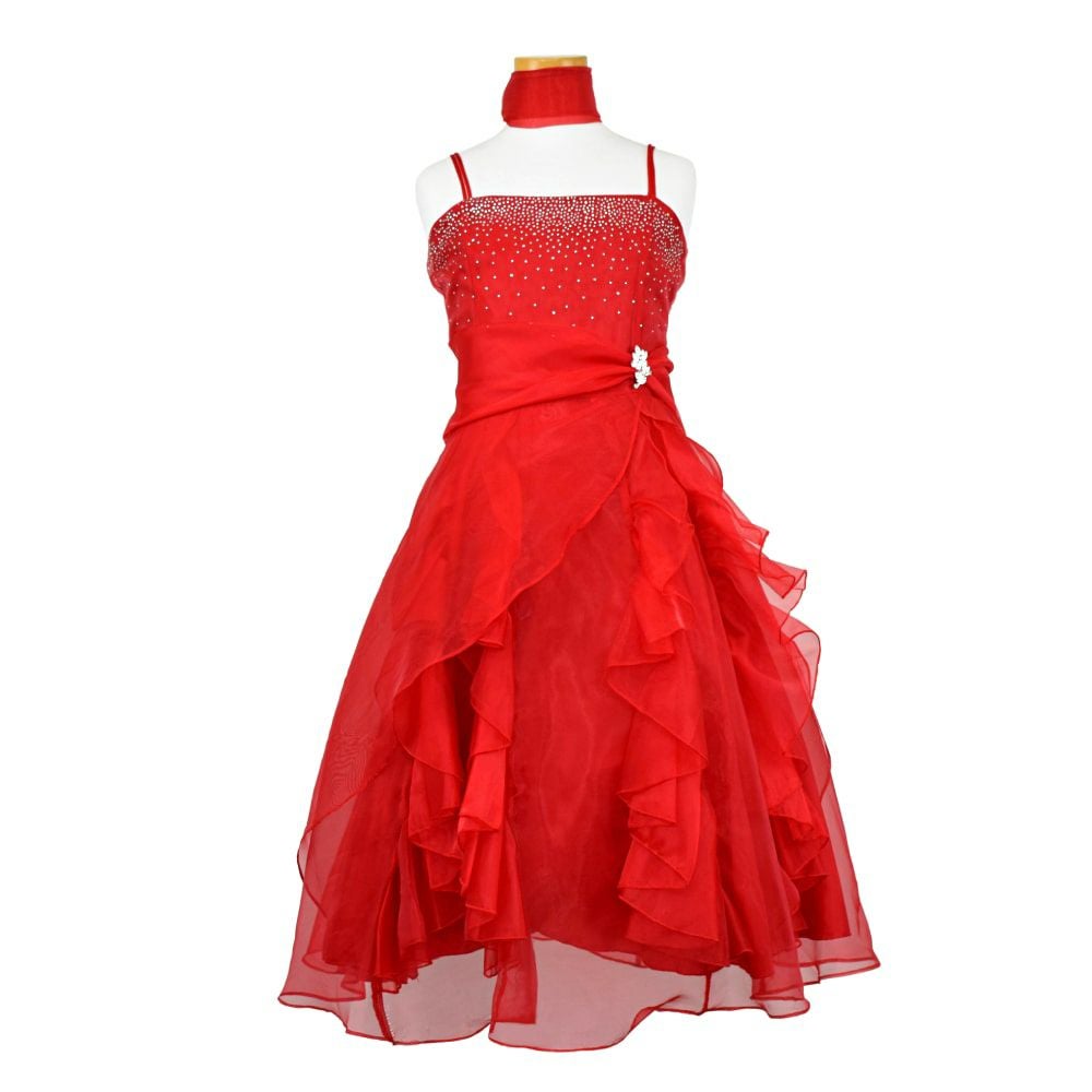 ピアノ発表会や結婚式にぴったりのカラーの女の子用キッズドレス。シンプルで美しいシルエットが魅力のAngel's Closetの子供ドレス レンタル商品（【レンタル】ラインストーン＆オーガンジーレイヤードフリル子供ドレス(HC734)レッド）｜画像2