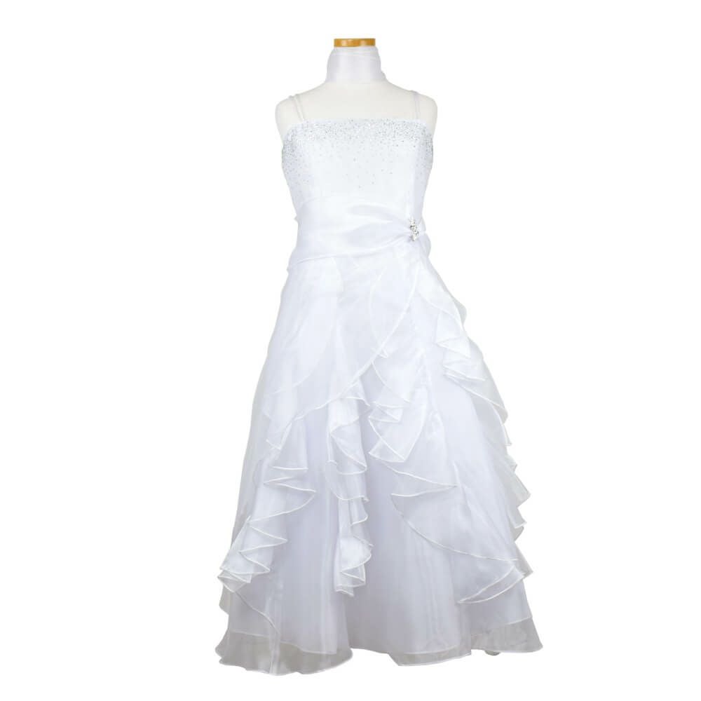 ピアノ発表会や結婚式にぴったりのホワイトカラーの女の子用キッズドレス。シンプルで美しいシルエットが魅力のAngel's Closetの子供ドレス レンタル商品（【レンタル】ラインストーン＆オーガンジーレイヤードフリル子供ドレス(HC734)ホワイト）｜画像2