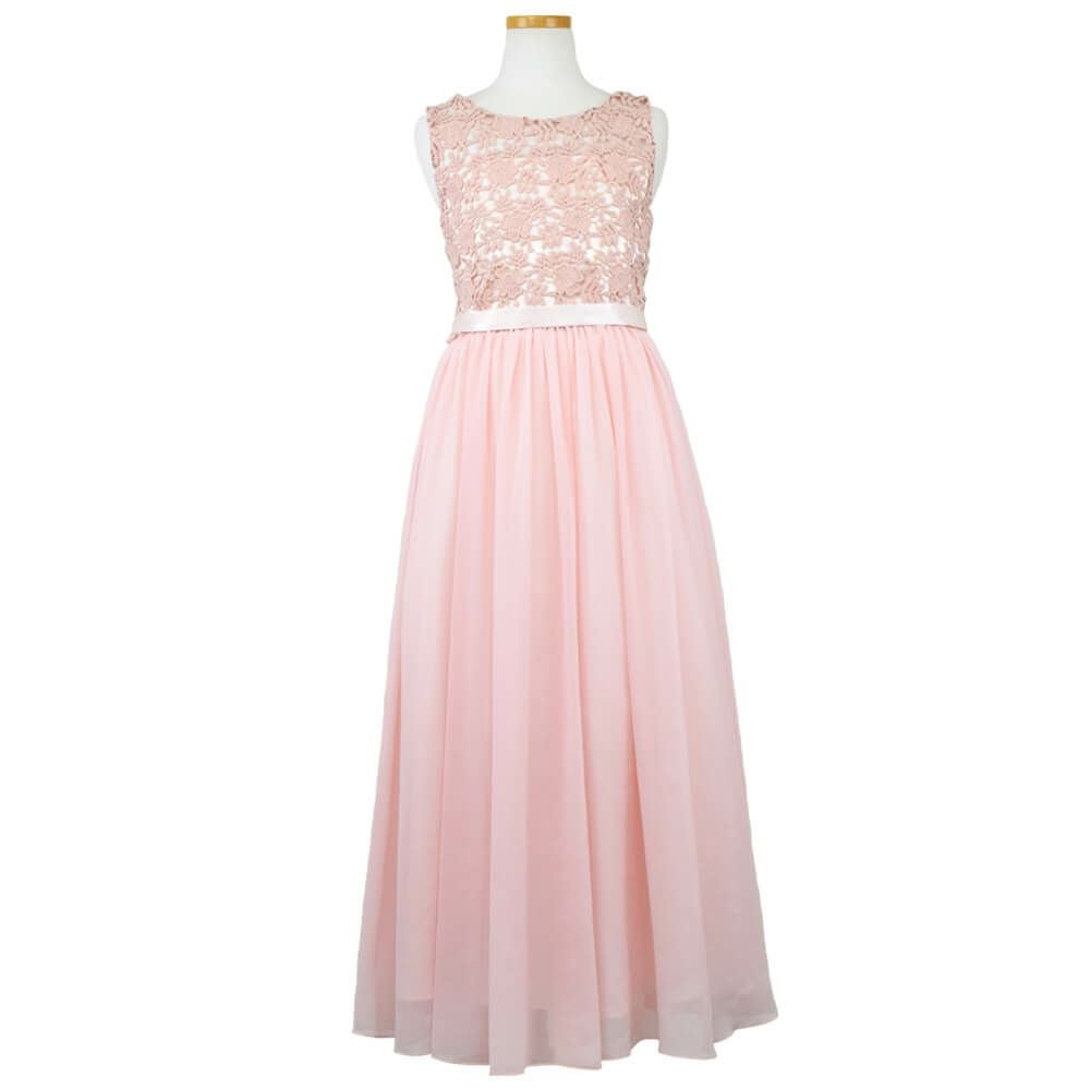 ピアノ発表会や結婚式にぴったりのカラーの女の子用キッズドレス。シンプルで美しいシルエットが魅力のAngel's Closetの子供ドレス レンタル商品（【レンタル】エレガント3Dレースシフォンロング子供ドレス(CDC5006)ブラッシュ）｜画像2