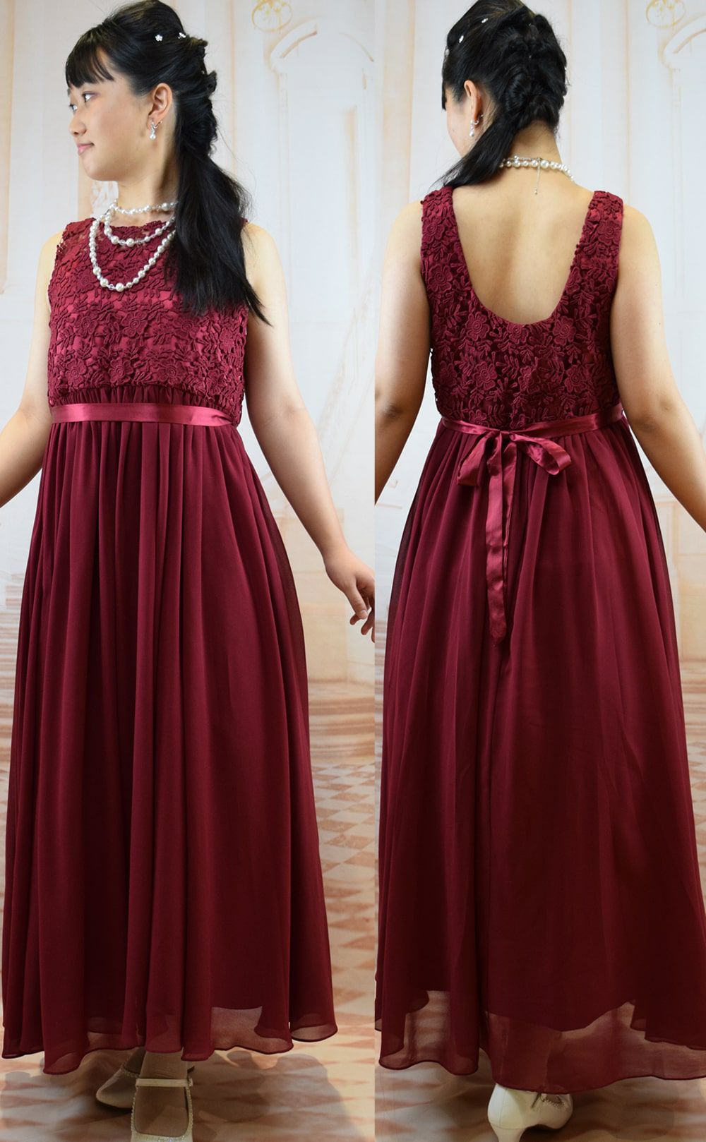 ピアノ発表会や結婚式にぴったりのカラーの女の子用キッズドレス。シンプルで美しいシルエットが魅力のAngel's Closetの子供ドレス レンタル商品（【レンタル】エレガント3Dレースシフォンロング子供ドレス(CDC5006)ブラッシュ）｜画像14