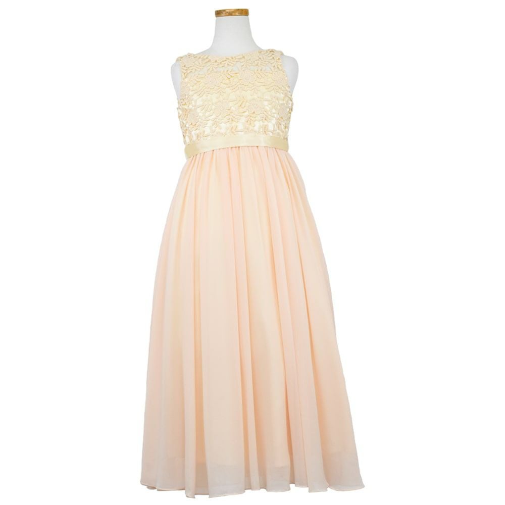 ピアノ発表会や結婚式にぴったりのカラーの女の子用キッズドレス。シンプルで美しいシルエットが魅力のAngel's Closetの子供ドレス レンタル商品（【レンタル】エレガント3Dレースシフォンロング子供ドレス(CDC5006)シャンパン）｜画像2