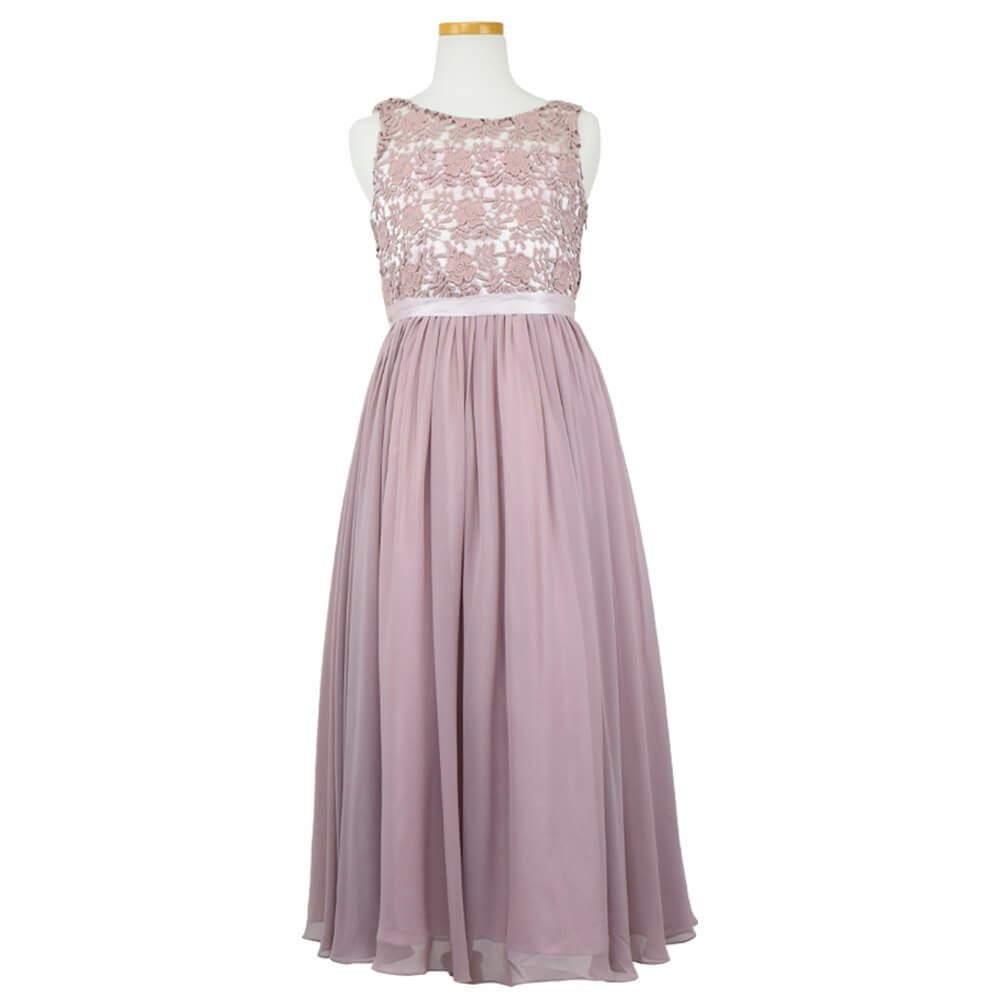 ピアノ発表会や結婚式にぴったりのピンクカラーの女の子用キッズドレス。シンプルで美しいシルエットが魅力のAngel's Closetの子供ドレス レンタル商品（【レンタル】エレガント3Dレースシフォンロング子供ドレス(CDC5006)ダスティピンク）｜画像2