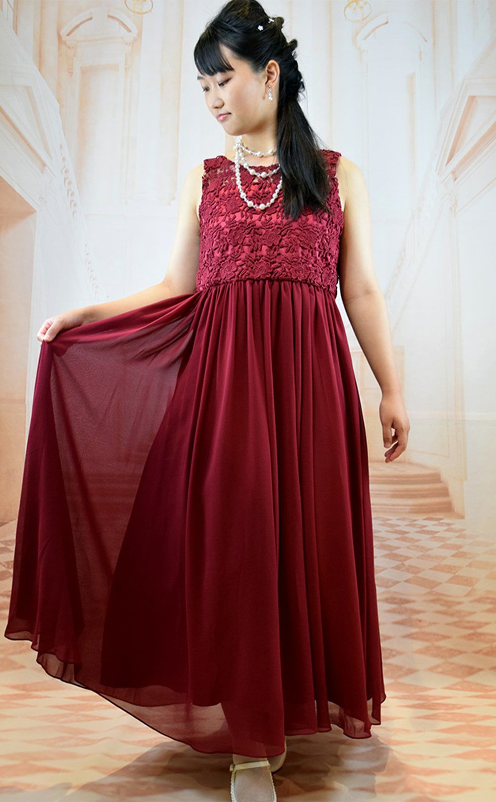 ピアノ発表会や結婚式にぴったりのネイビーカラーの女の子用キッズドレス。シンプルで美しいシルエットが魅力のAngel's Closetの子供ドレス レンタル商品（【レンタル】エレガント3Dレースシフォンロング子供ドレス(CDC5006)ネイビー）｜画像13