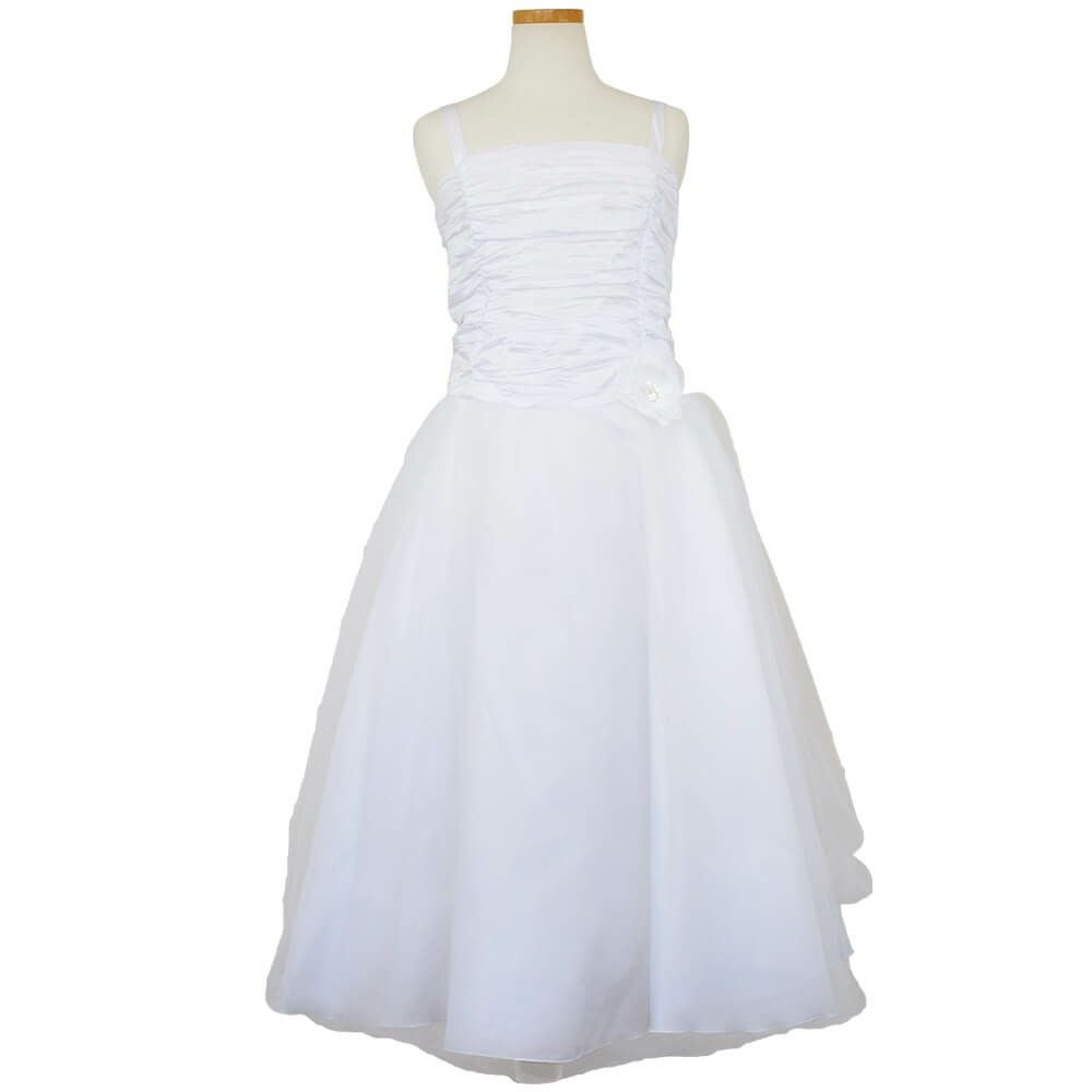 ピアノ発表会や結婚式にぴったりのホワイトカラーの女の子用キッズドレス。シンプルで美しいシルエットが魅力のAngel's Closetの子供ドレス レンタル商品（【レンタル】クリンクルタフタ＆チュールロング子供ドレス（コルセットバック）(CDC4001)ホワイト）｜画像2