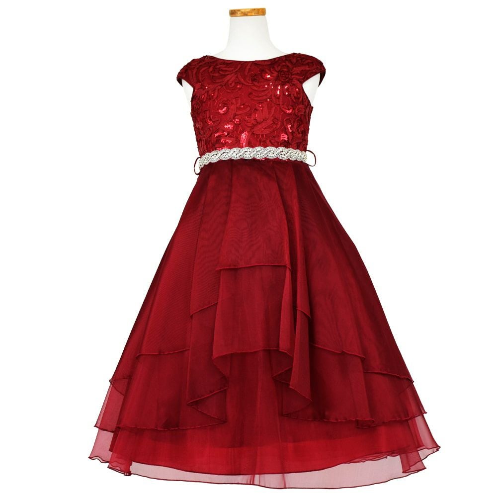 ピアノ発表会や結婚式にぴったりのカラーの女の子用キッズドレス。シンプルで美しいシルエットが魅力のAngel's Closetの子供ドレス レンタル商品（【レンタル】スパークリートップ＆オーガンジーレイヤー子供ドレス(JK3811)バーガンディー）｜画像2