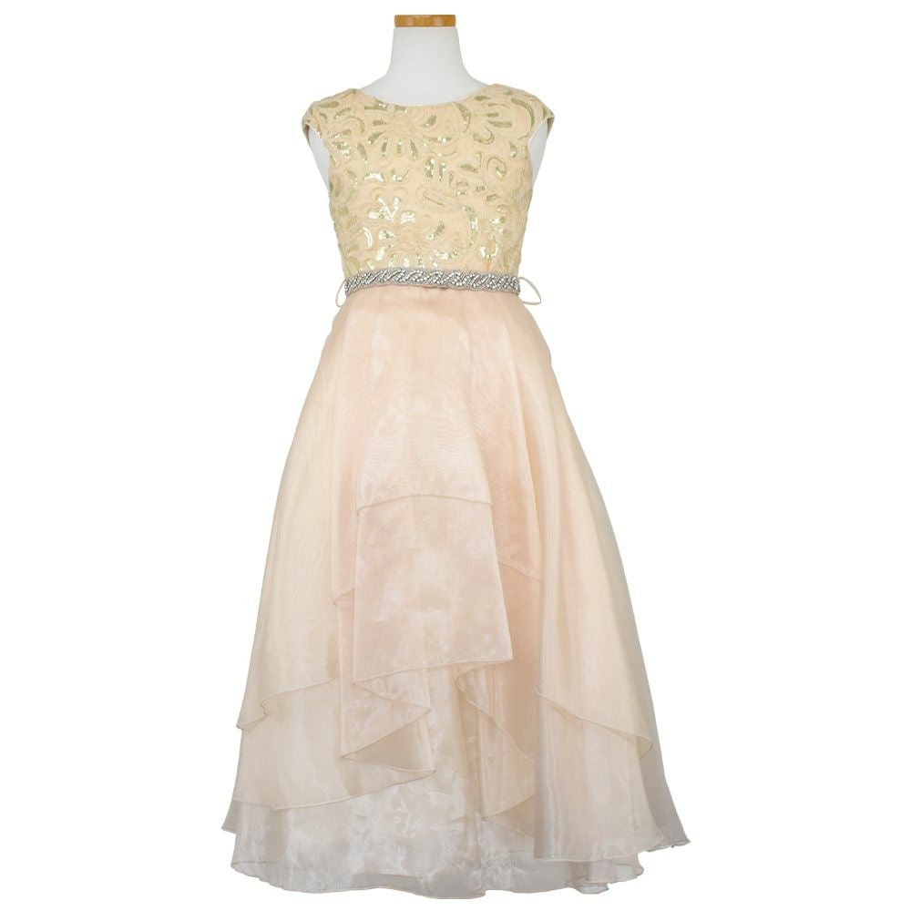 ピアノ発表会や結婚式にぴったりのカラーの女の子用キッズドレス。シンプルで美しいシルエットが魅力のAngel's Closetの子供ドレス レンタル商品（【レンタル】スパークリートップ＆オーガンジーレイヤー子供ドレス(JK3811)タープ）｜画像2