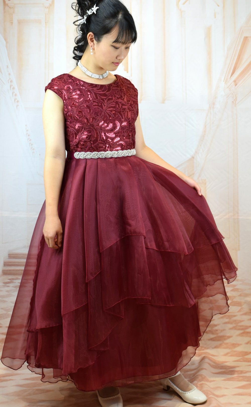 ピアノ発表会や結婚式にぴったりのカラーの女の子用キッズドレス。シンプルで美しいシルエットが魅力のAngel's Closetの子供ドレス レンタル商品（【レンタル】スパークリートップ＆オーガンジーレイヤー子供ドレス(JK3811)タープ）｜画像13