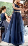 ピアノ発表会や結婚式にぴったりのネイビーカラーの女の子用キッズドレス。シンプルで美しいシルエットが魅力のAngel's Closetの子供ドレス レンタル商品（【レンタル】リボンビーズ刺繍＆フェミニンオーガンジーロング子供ドレス(YP155)ネイビー）｜画像12