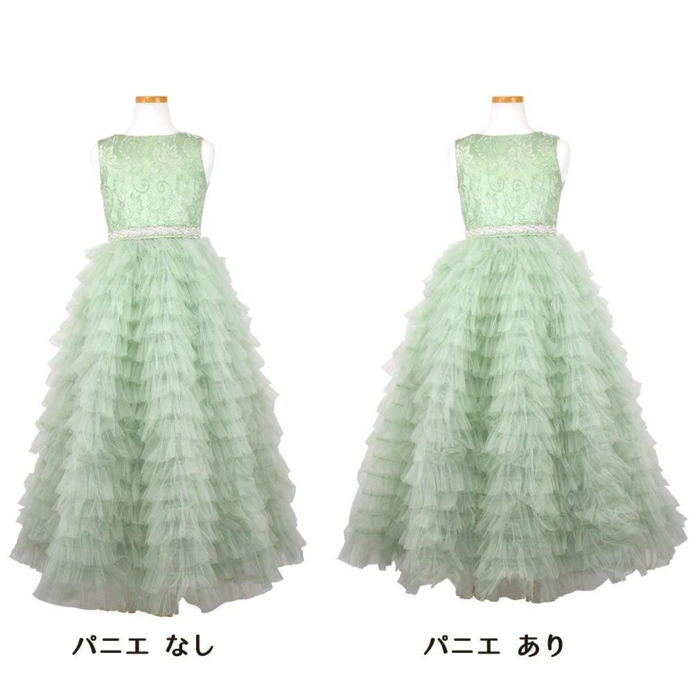 ピアノ発表会や結婚式にぴったりのカラーの女の子用キッズドレス。シンプルで美しいシルエットが魅力のAngel's Closetの子供ドレス レンタル商品（【レンタル】ボタニカルレース＆ラインストーンベルトティアードチュール子供ドレス(YP156)セージ）｜画像7