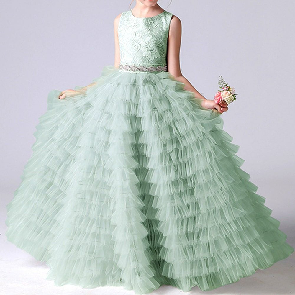 ピアノ発表会や結婚式にぴったりのカラーの女の子用キッズドレス。シンプルで美しいシルエットが魅力のAngel's Closetの子供ドレス レンタル商品（【レンタル】ボタニカルレース＆ラインストーンベルトティアードチュール子供ドレス(YP156)セージ）｜画像14