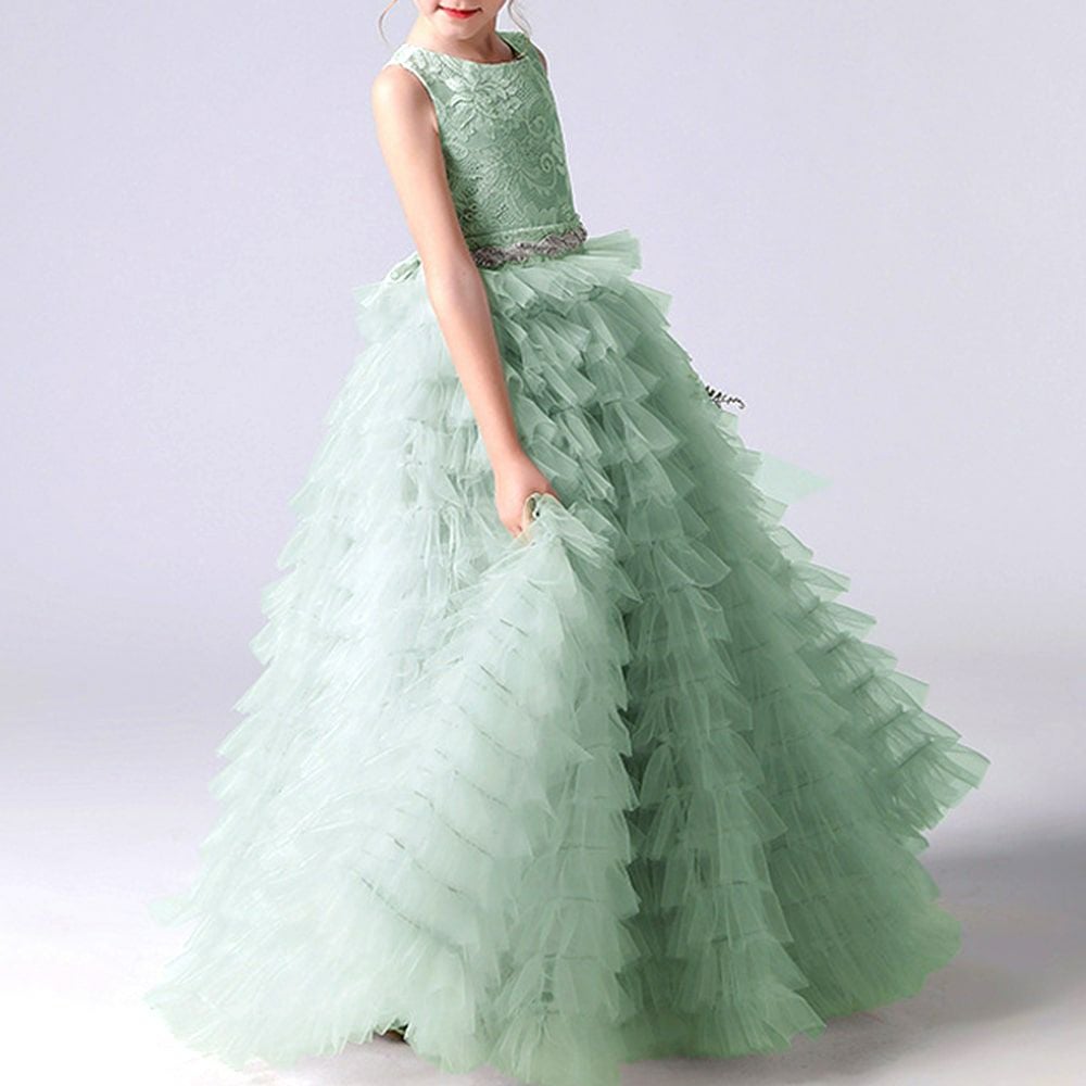 ピアノ発表会や結婚式にぴったりのカラーの女の子用キッズドレス。シンプルで美しいシルエットが魅力のAngel's Closetの子供ドレス レンタル商品（【レンタル】ボタニカルレース＆ラインストーンベルトティアードチュール子供ドレス(YP156)セージ）｜画像15