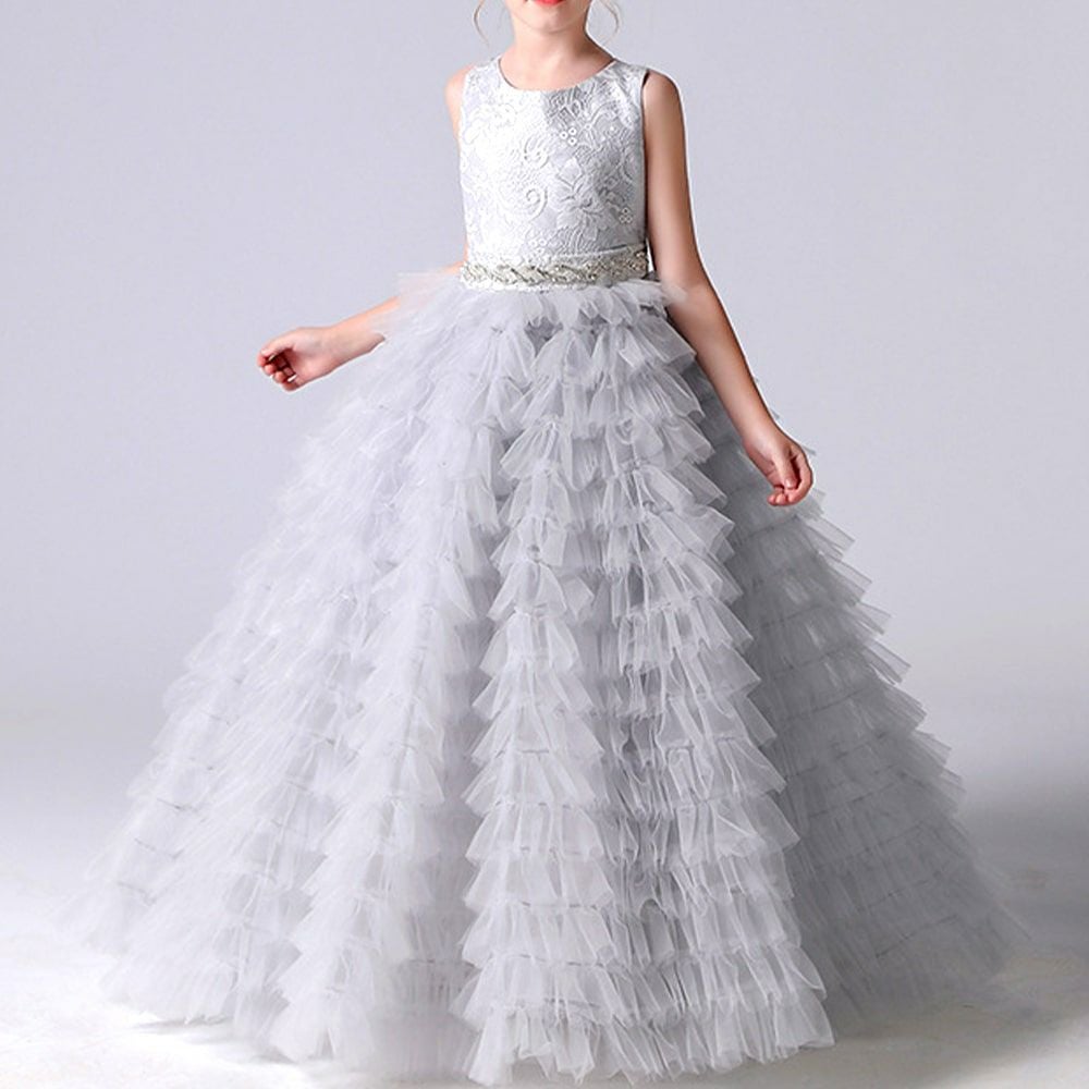 ピアノ発表会や結婚式にぴったりのホワイトカラーの女の子用キッズドレス。シンプルで美しいシルエットが魅力のAngel's Closetの子供ドレス レンタル商品（【レンタル】ボタニカルレース＆ラインストーンベルトティアードチュール子供ドレス(YP156)ホワイト）｜画像13