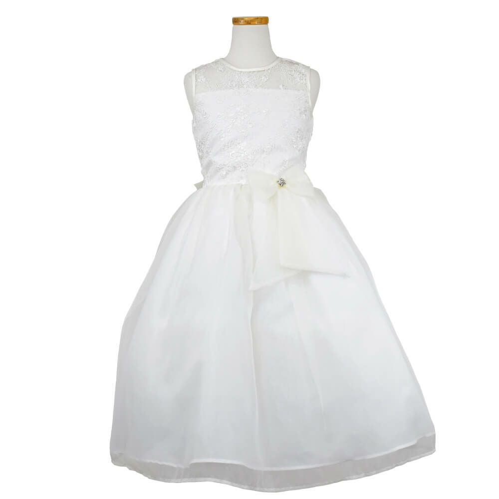 ピアノ発表会や結婚式にぴったりのカラーの女の子用キッズドレス。シンプルで美しいシルエットが魅力のAngel's Closetの子供ドレス レンタル商品（【レンタル】レース＆メタル刺繍オーガンジー子供ドレス（リボンコサージュ付）(CC2461)アイボリー）｜画像2