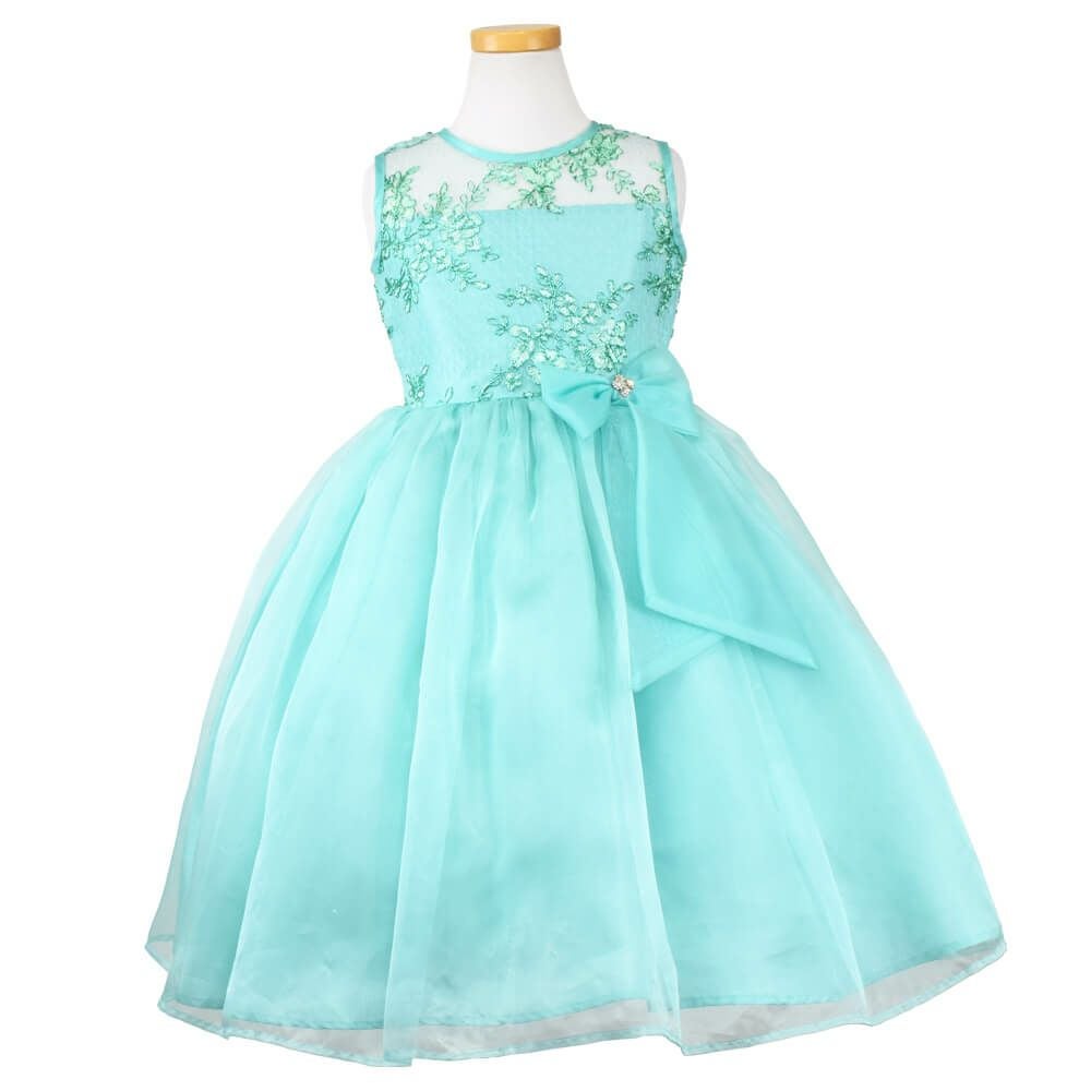 ピアノ発表会や結婚式にぴったりのカラーの女の子用キッズドレス。シンプルで美しいシルエットが魅力のAngel's Closetの子供ドレス レンタル商品（【レンタル】レース＆メタル刺繍オーガンジー子供ドレス（リボンコサージュ付）(CC2461)ミント）｜画像2