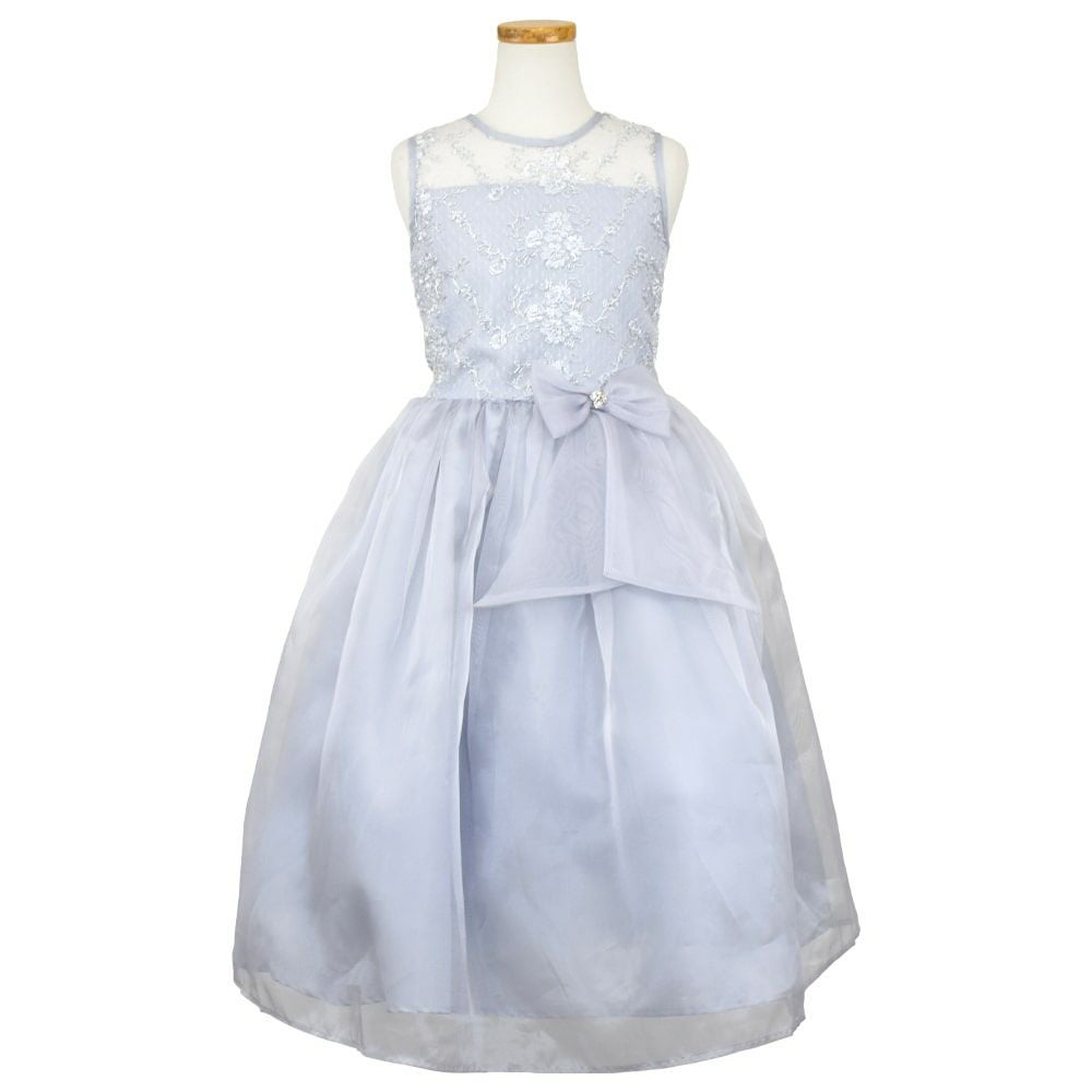 ピアノ発表会や結婚式にぴったりのカラーの女の子用キッズドレス。シンプルで美しいシルエットが魅力のAngel's Closetの子供ドレス レンタル商品（【レンタル】レース＆メタル刺繍オーガンジー子供ドレス（リボンコサージュ付）(CC2461)シルバー）｜画像2