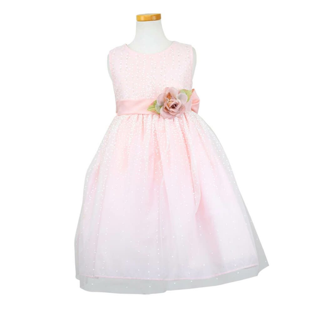 ピアノ発表会や結婚式にぴったりのピンクカラーの女の子用キッズドレス。シンプルで美しいシルエットが魅力のAngel's Closetの子供ドレス レンタル商品（【レンタル】サテンリボン＆スターダストチュール子供ドレス(CK329)ブラッシュピンク）｜画像2