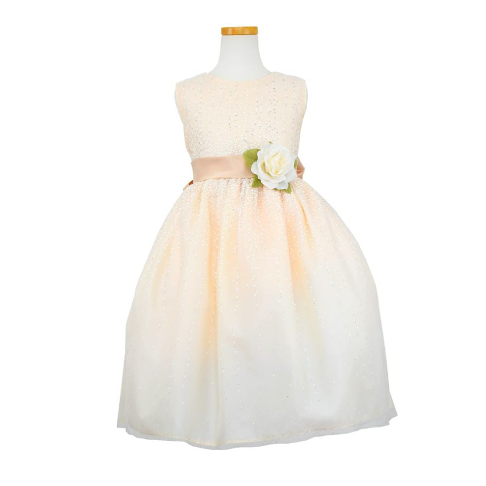 ピアノ発表会や結婚式にぴったりのカラーの女の子用キッズドレス。シンプルで美しいシルエットが魅力のAngel's Closetの子供ドレス レンタル商品（【レンタル】サテンリボン＆スターダストチュール子供ドレス(CK329)タープ）｜画像2