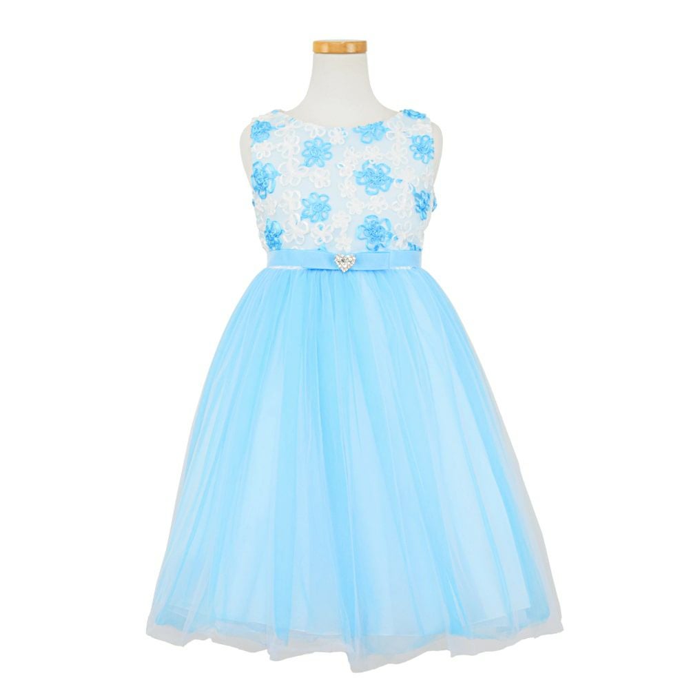 ピアノ発表会や結婚式にぴったりのカラーの女の子用キッズドレス。シンプルで美しいシルエットが魅力のAngel's Closetの子供ドレス レンタル商品（【レンタル】フローラルサテンリボン刺繍イリュージョン子供ドレス(KD365)アクア）｜画像2