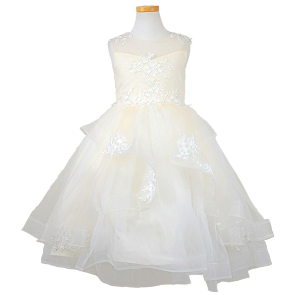 ピアノ発表会や結婚式にぴったりのホワイトカラーの女の子用キッズドレス。シンプルで美しいシルエットが魅力のAngel's Closetの子供ドレス レンタル商品（【レンタル】フラワー刺繍＆ウェーブチュールロング子供ドレス(YP135)オフホワイト）｜画像2