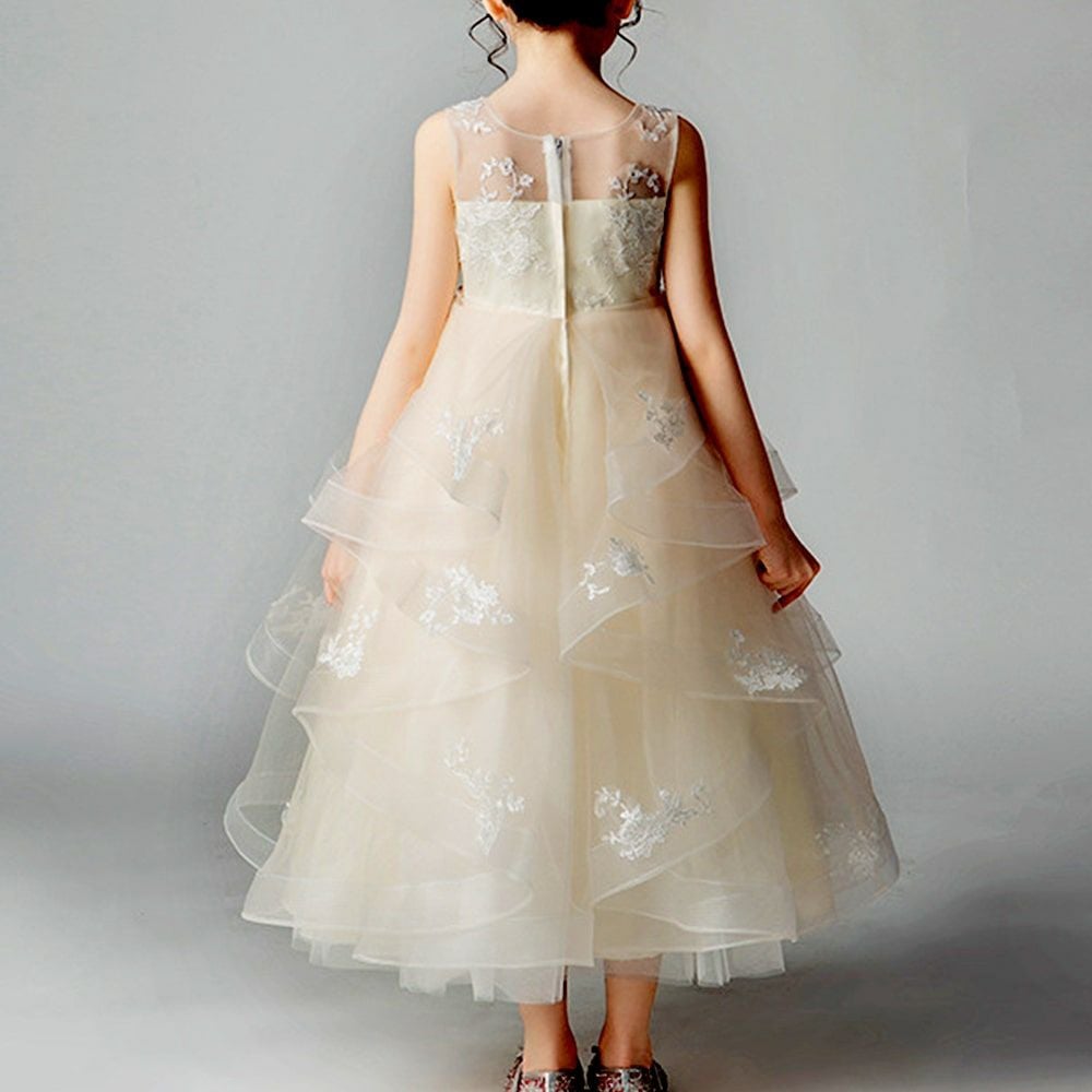 ピアノ発表会や結婚式にぴったりのホワイトカラーの女の子用キッズドレス。シンプルで美しいシルエットが魅力のAngel's Closetの子供ドレス レンタル商品（【レンタル】フラワー刺繍＆ウェーブチュールロング子供ドレス(YP135)オフホワイト）｜画像14