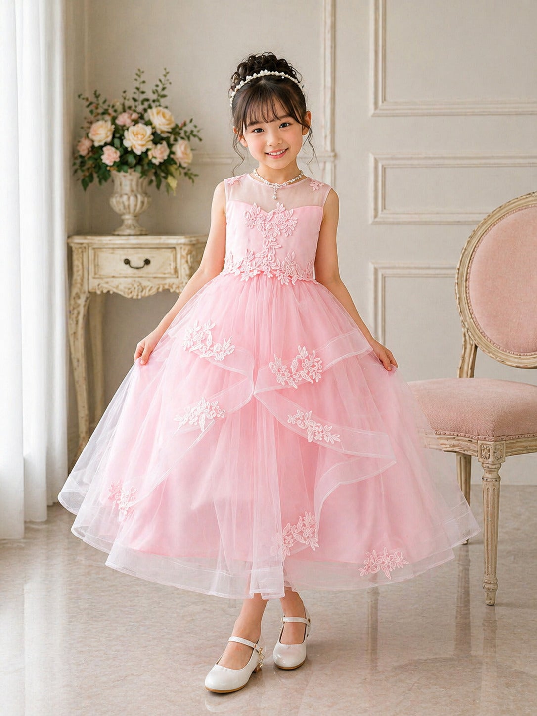 ピアノ発表会ドレス人気2位 子供ドレス フラワー刺繍ウェーブチュールロングドレス YP135 ベビーピンク | Angel's Closet