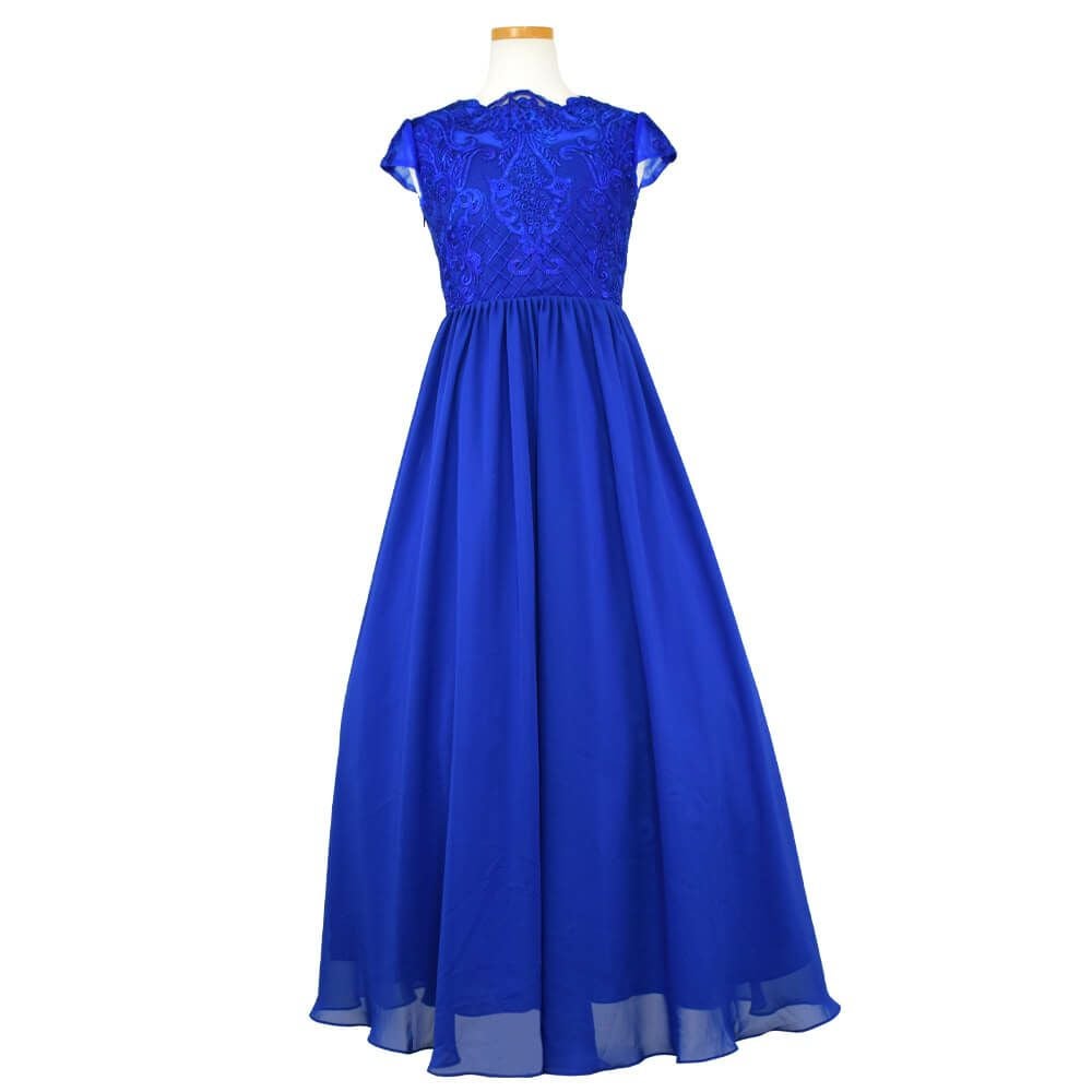 ピアノ発表会や結婚式にぴったりのブルーカラーの女の子用キッズドレス。シンプルで美しいシルエットが魅力のAngel's Closetの子供ドレス レンタル商品（【レンタル】イリュージョンネックレース＆キャップスリーブシフォンロング子供ドレス(YP158)ロイヤルブルー）｜画像2