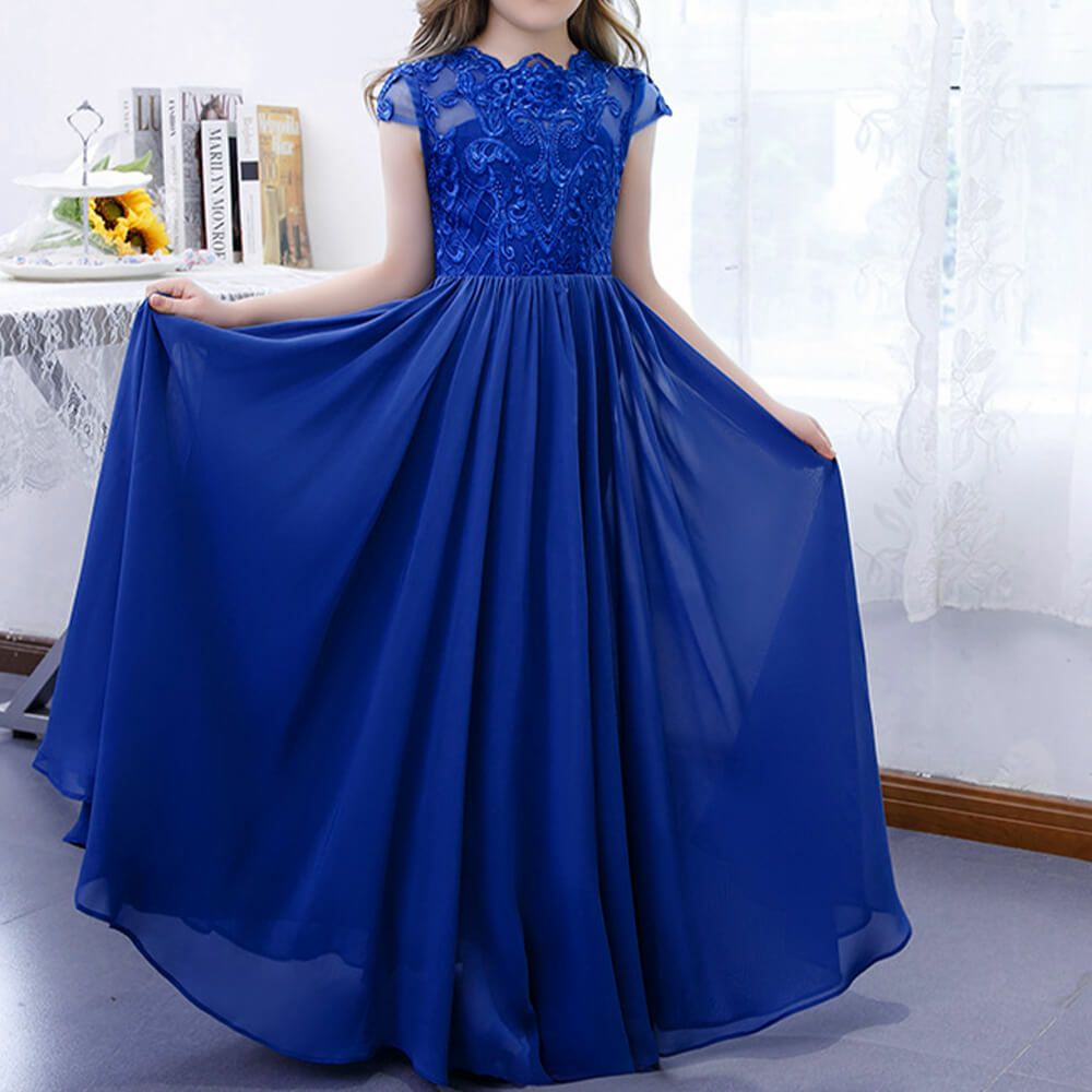 ピアノ発表会や結婚式にぴったりのブルーカラーの女の子用キッズドレス。シンプルで美しいシルエットが魅力のAngel's Closetの子供ドレス レンタル商品（【レンタル】イリュージョンネックレース＆キャップスリーブシフォンロング子供ドレス(YP158)ロイヤルブルー）｜画像12