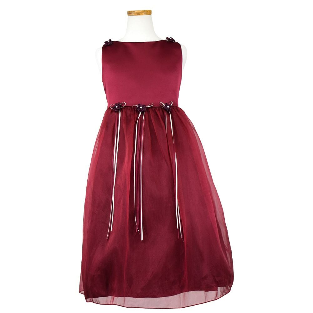ピアノ発表会や結婚式にぴったりのカラーの女の子用キッズドレス。シンプルで美しいシルエットが魅力のAngel's Closetの子供ドレス レンタル商品（【レンタル】サテン＆シャイニーオーガンジー子供ドレスサニー(KD149)バーガンディー）｜画像2