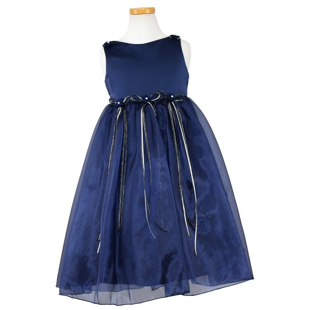 ピアノ発表会や結婚式にぴったりのネイビーカラーの女の子用キッズドレス。シンプルで美しいシルエットが魅力のAngel's Closetの子供ドレス レンタル商品（【レンタル】サテン＆シャイニーオーガンジー子供ドレスサニー(KD149)ネイビー）｜画像2
