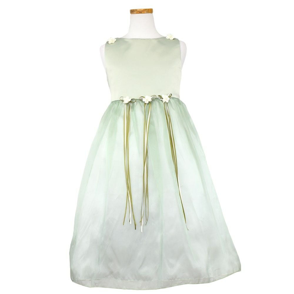 ピアノ発表会や結婚式にぴったりのカラーの女の子用キッズドレス。シンプルで美しいシルエットが魅力のAngel's Closetの子供ドレス レンタル商品（【レンタル】サテン＆シャイニーオーガンジー子供ドレスサニー(KD149)セージ）｜画像2